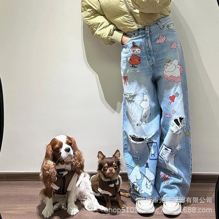 24秋冬卡通趣味印花做旧宽松破洞重工牛仔裤个性毛边高街高街风
