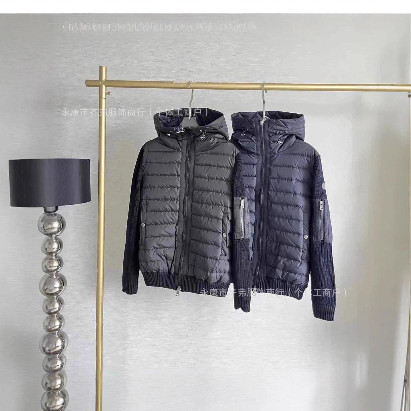 欧洲站外贸新款M家针织拼接羽绒服 现货连帽休闲时尚男女同款外套