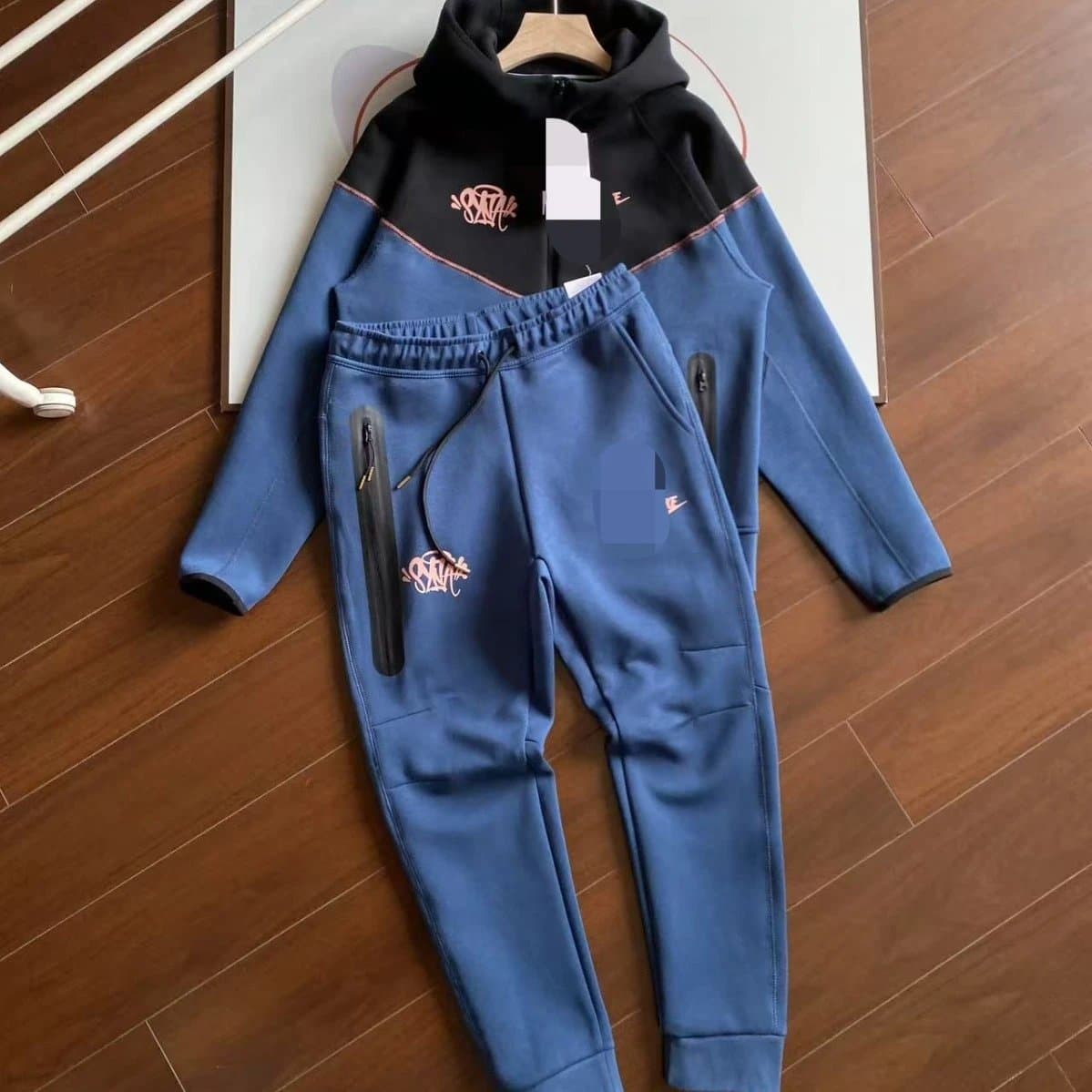 【靖之G】春秋海外爆款联名男子套装印花字母运动拼接连帽上衣裤子