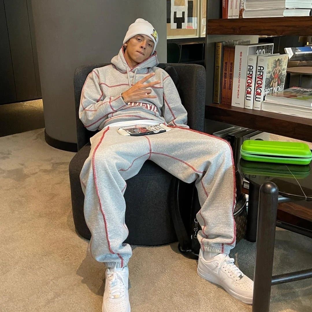 美式街头嘻哈撞色线字母刺绣明线连帽卫衣卫裤运动套装潮