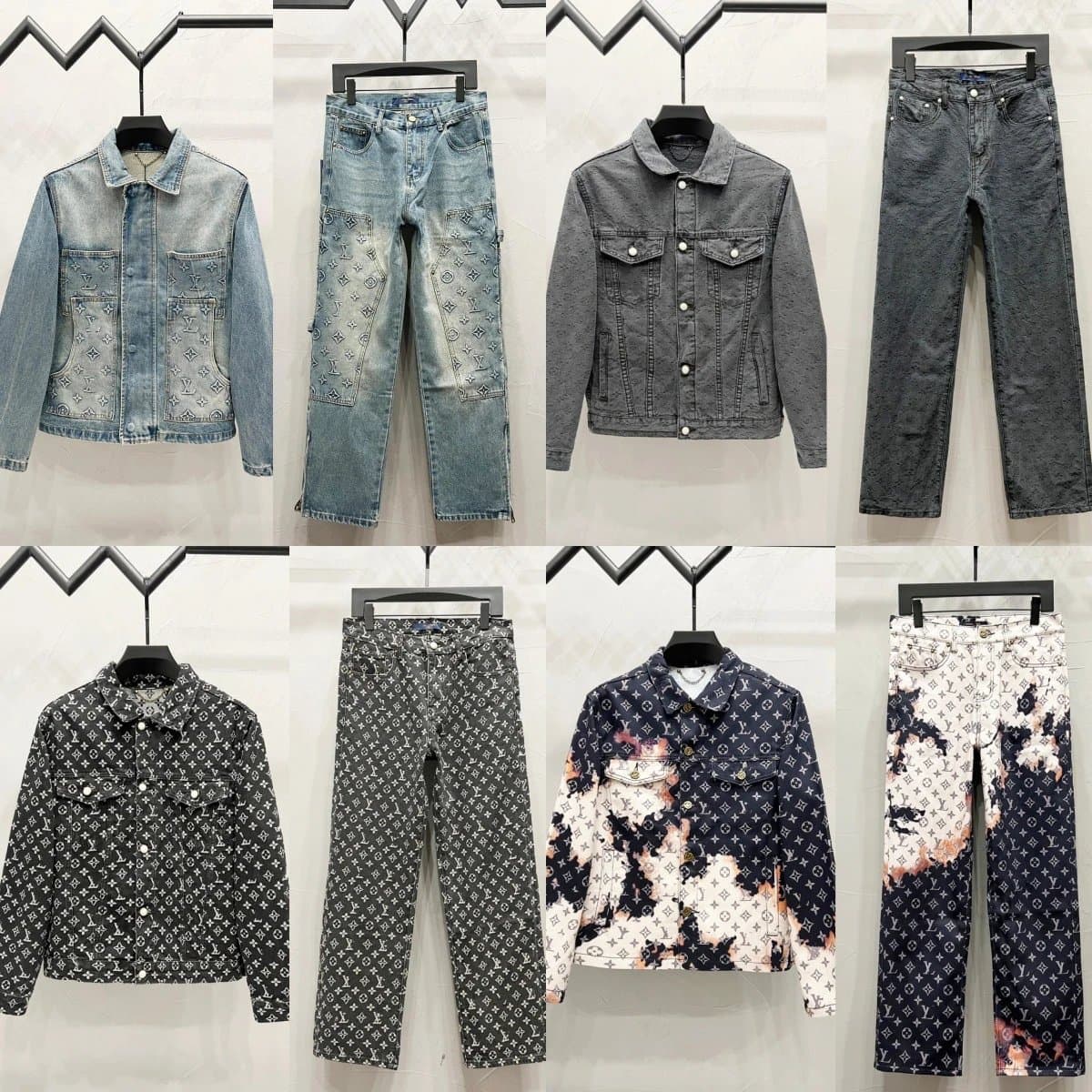 欧美潮牌2025秋季新款满身字母logo提花压花牛仔外套套装裤子